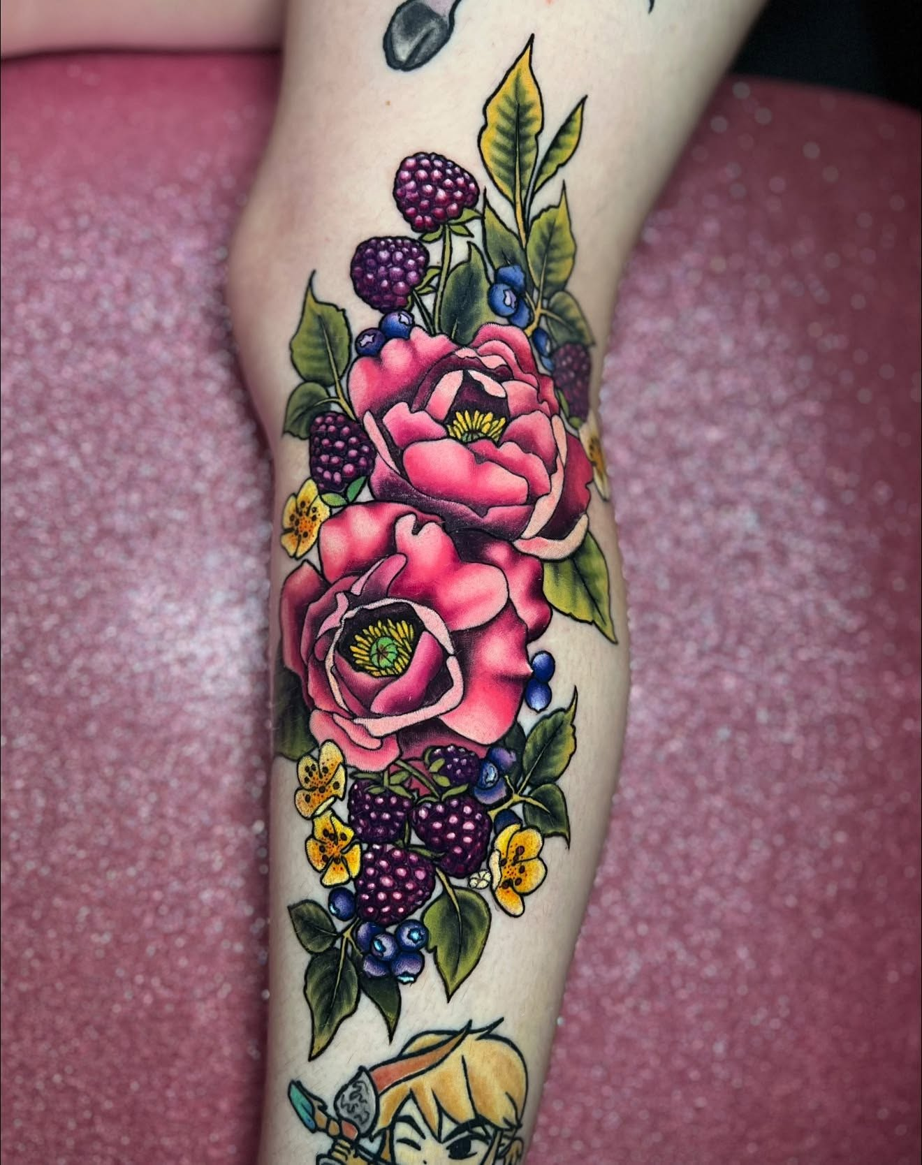 Pink rose and berry tattoo sleeve